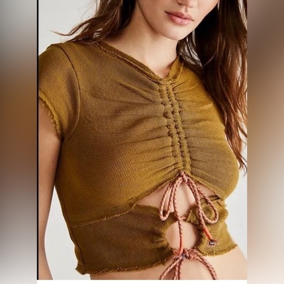 Free People XS NWOT mesh crop top‎ Green Tea Spring hippie boho grunge - Picture 2 of 5